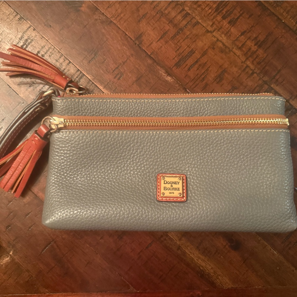 Dooney & Bourke Pebbled Leather Wristlet Clutch Gray Brown Tassel
